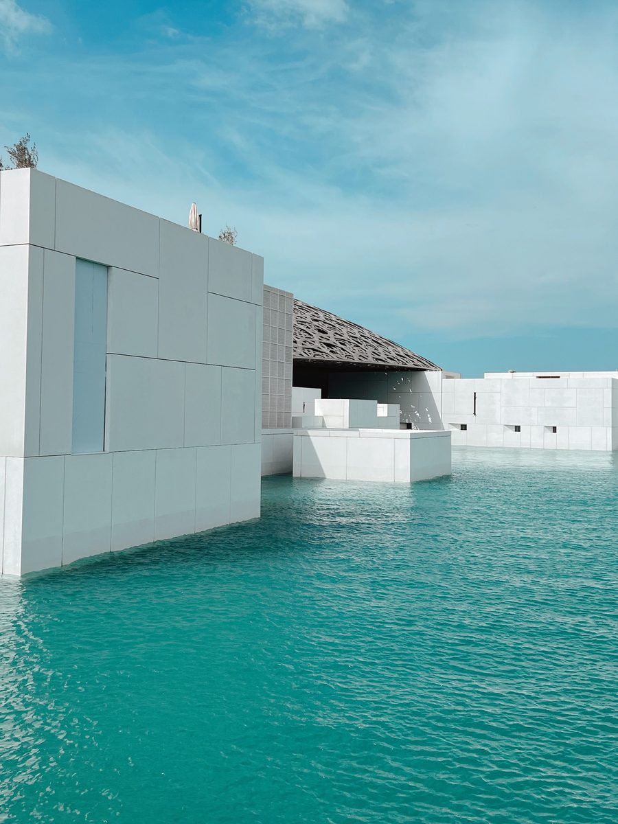 Louvre Abu Dhabi seen from the waterfront on Saadiyat Island.